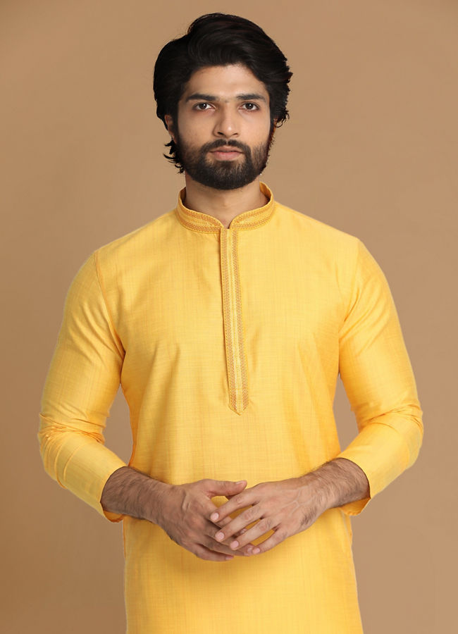 alt message - Manyavar Men Daffodil Yellow Solid Kurta Pajama image number 0